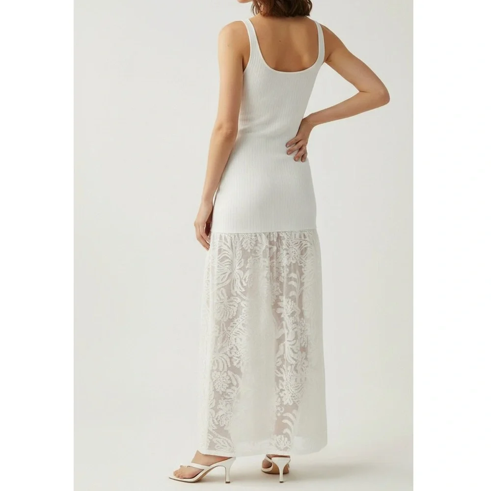 BEC & BRIDGE Rissa Ribbed Knit Dress W/ Mesh Lace Skirt, Ivory, Large - Picture 7 of 15